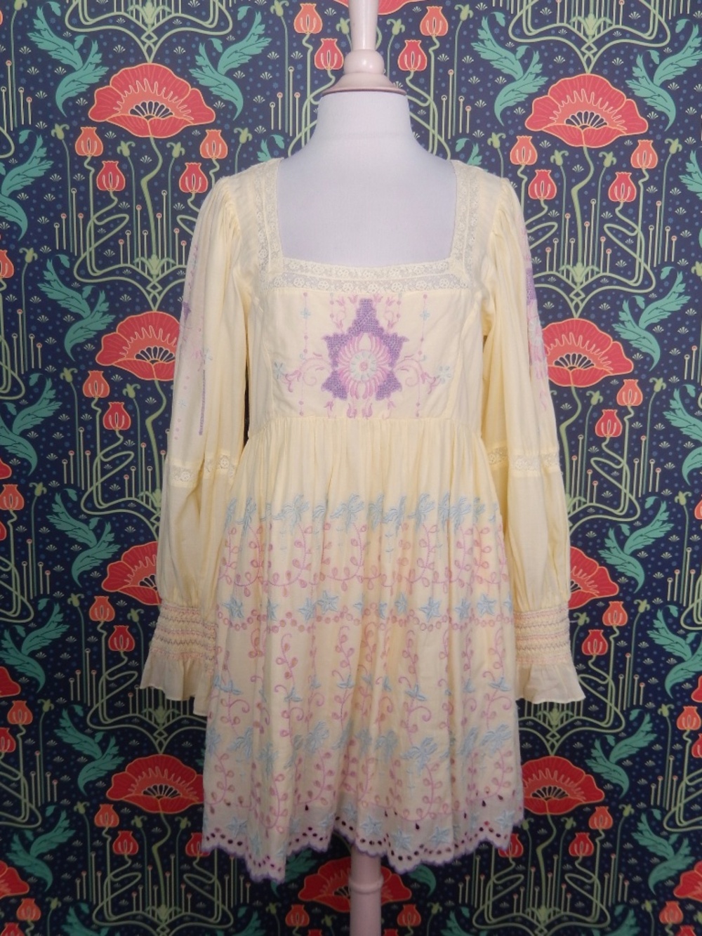 LoveShackFancy Freja Embroidered Yellow Lilac Romantic Victorian Cotton Dress 8 - Picture 4 of 8